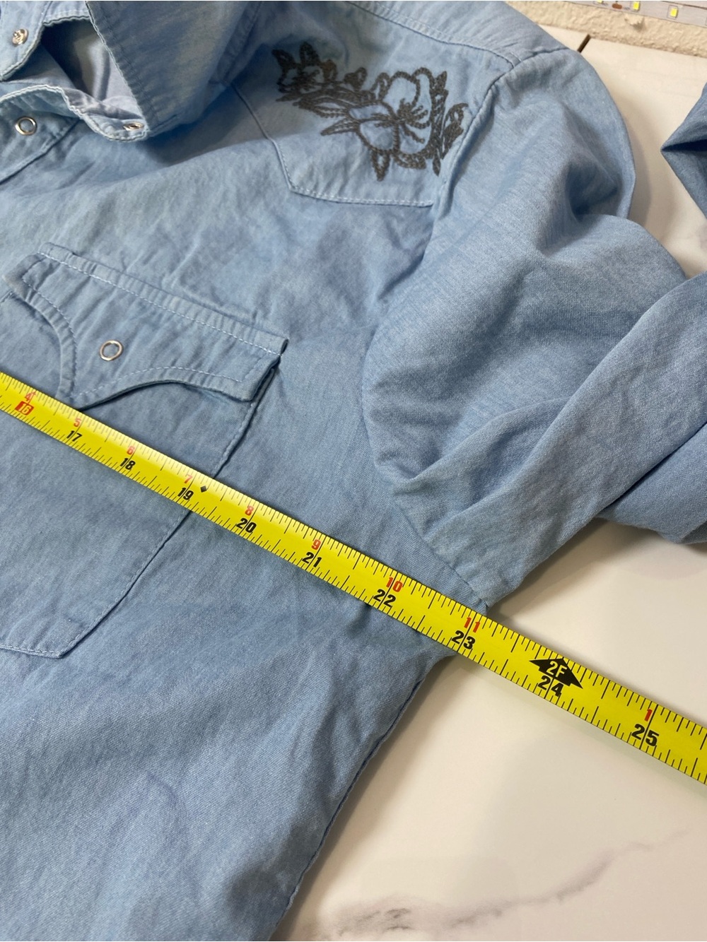 House of Darwin Western Shirt XL Embroidered Snap Button Blue Boho Linen Blend - Picture 7 of 8